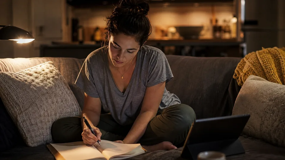 Adult woman on a sofa at night rewriting character notes in a notebook next to her tablet