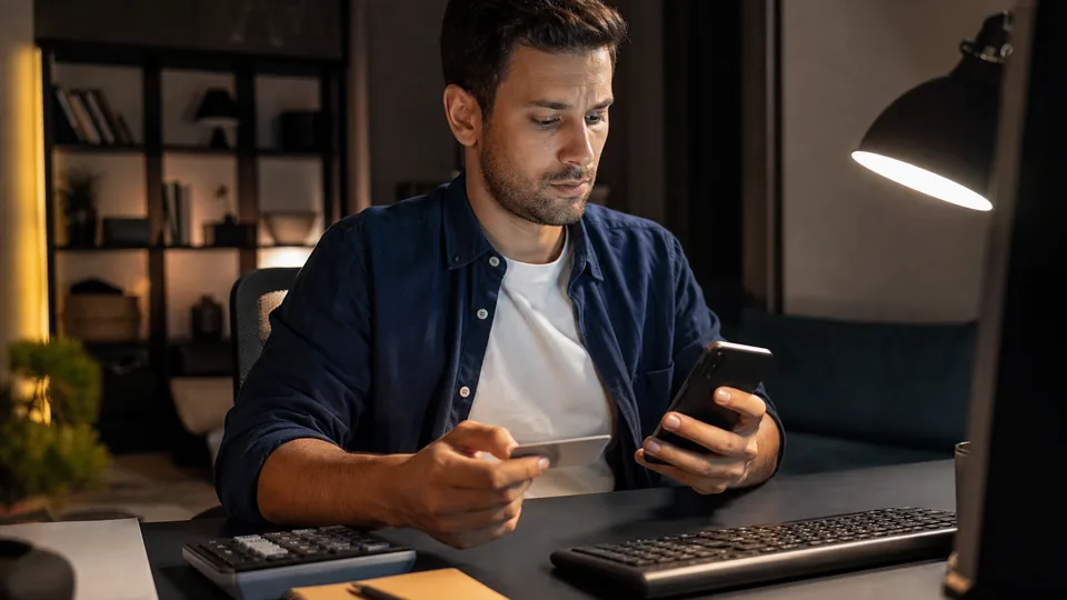 Adult man at a desk at night holding a credit card and a phone next to a calculator