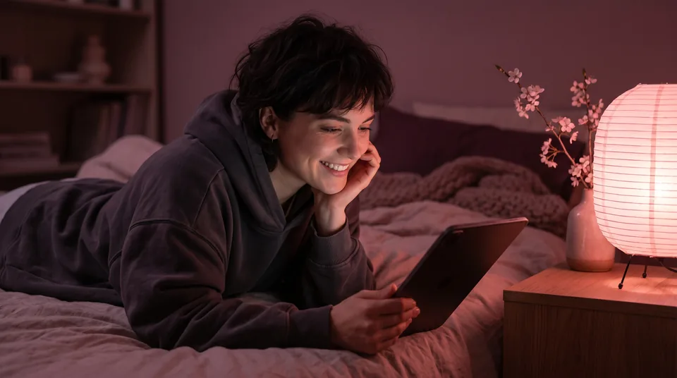 Adult woman reading a long character chat on a tablet at night