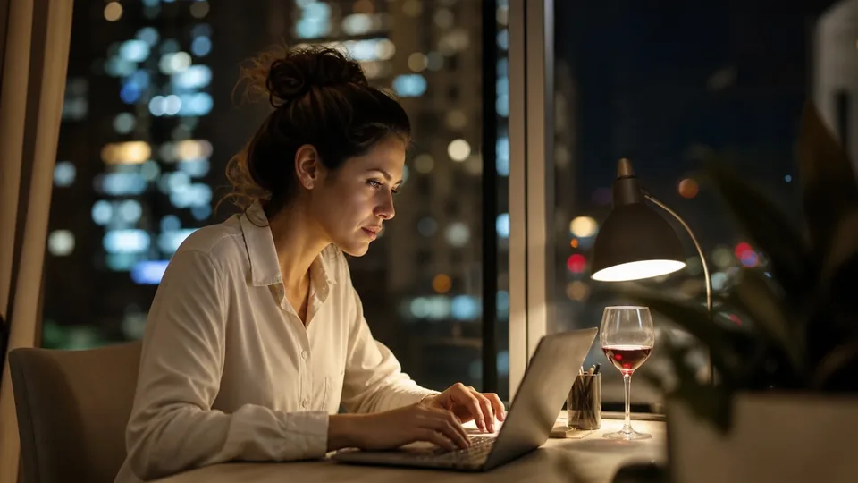 Adult woman writing on a laptop at a desk by a night window with city lights outside