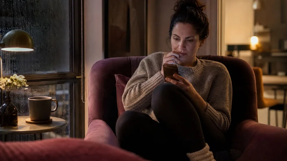 Adult woman in an armchair by a rainy window in the evening, looking at an AI chat app on her phone