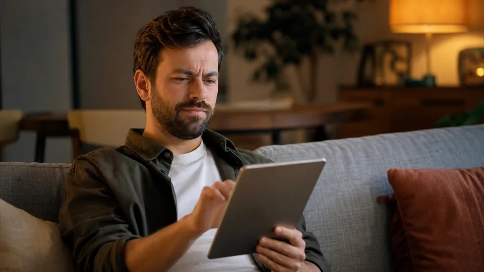 Adult man on a couch reading a long document on a tablet with a skeptical look