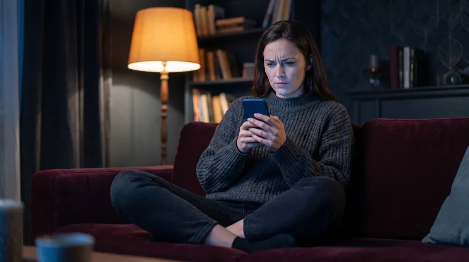 Adult woman reading an app's terms on her phone late at night