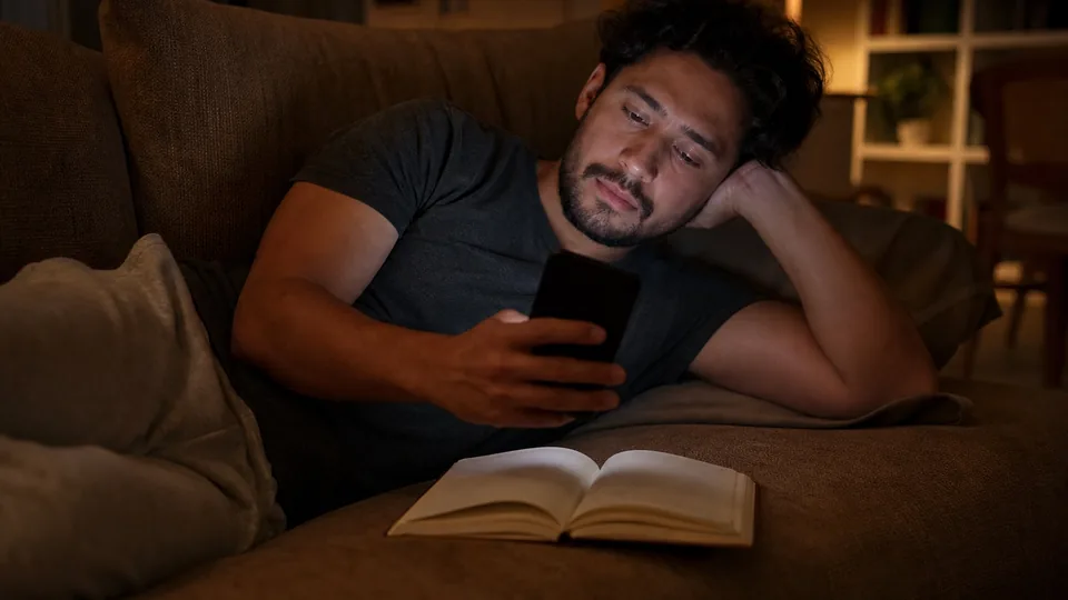 Adult man on a sofa at night reading a long roleplay conversation on his phone