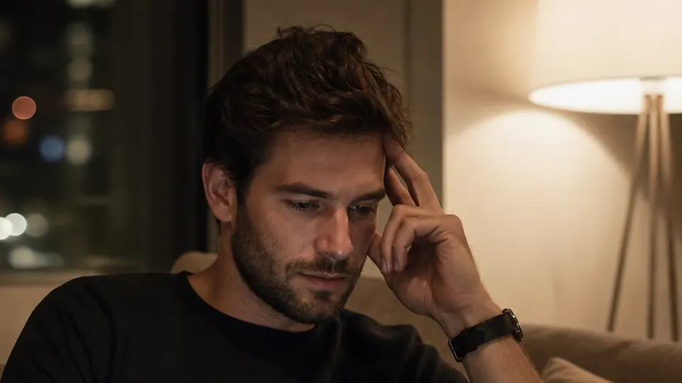 Adult man thinking over an AI app's rules at home at night
