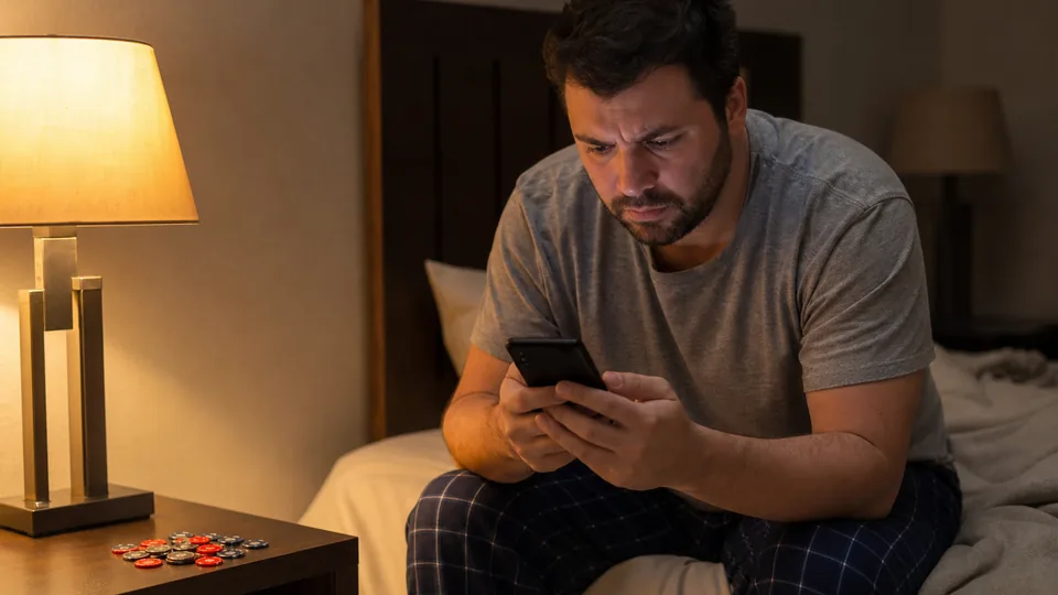 Adult man on the edge of a bed at night frowning at his phone next to a pile of tokens on the nightstand