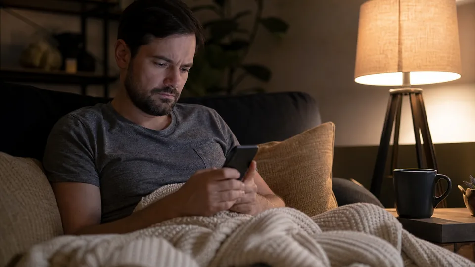 Adult man on a couch at night frowning at his phone after a chat app stops replying