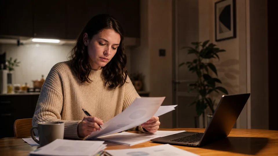 Adult woman at a kitchen table at night reading through printed policy pages with a pen
